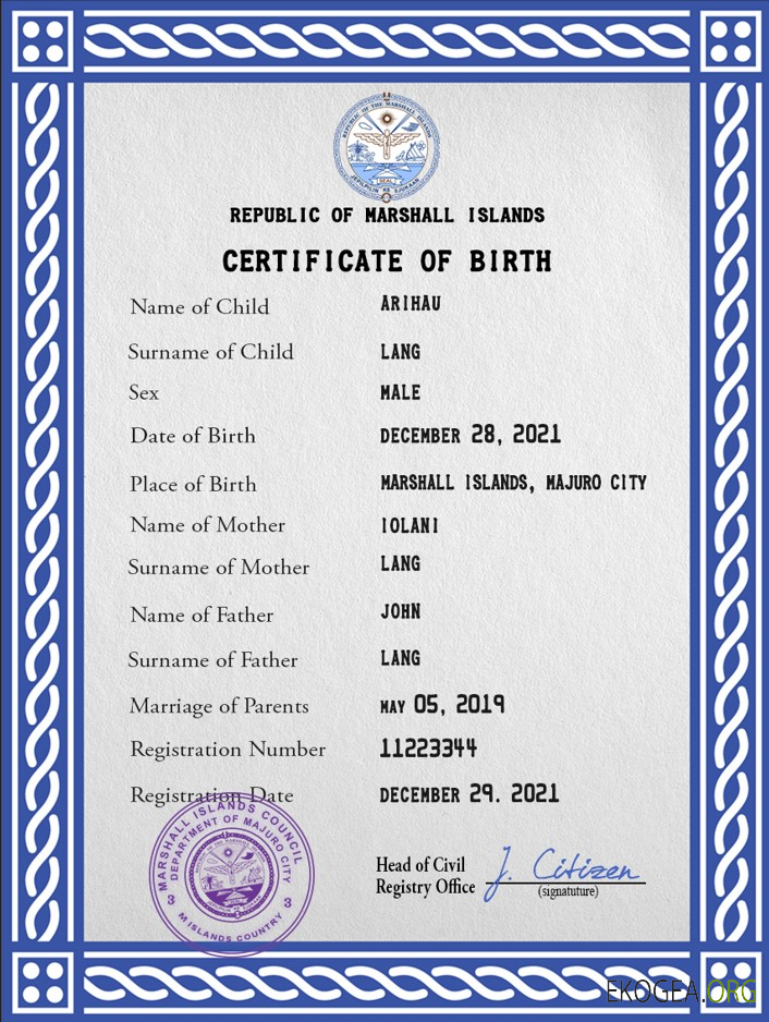 Modèle PSD de certificat de naissance de l'état civil des Îles Marshall